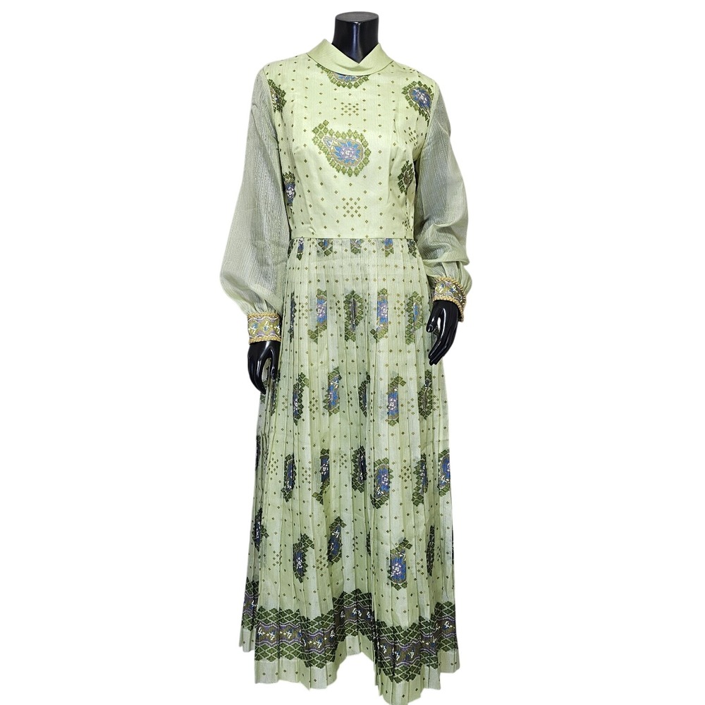 Vintage Alfred Shaheen Sage Green Paisley Pleated Maxi Dress Sheer Sleeves‎